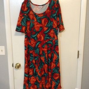 LULAROE 3X ORANGE & GREEN PRINT CIRCLE SKIRT DRESS